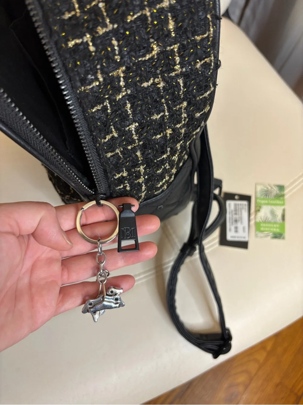 Badgley Mischka Black Quilted Vegan Leather & Tweed Mini Backpack